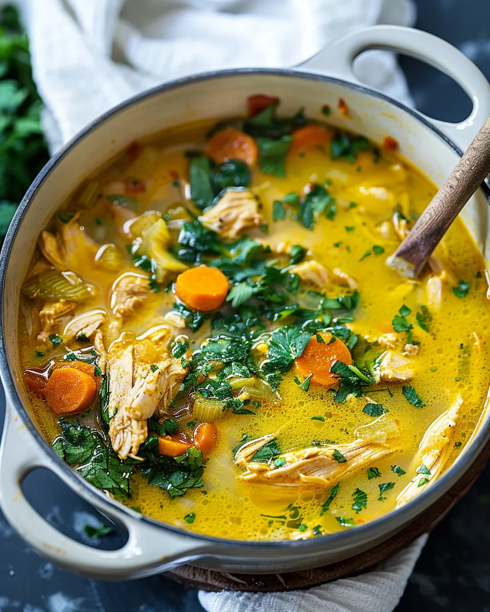A bowl of soup with chicken and vegetables.