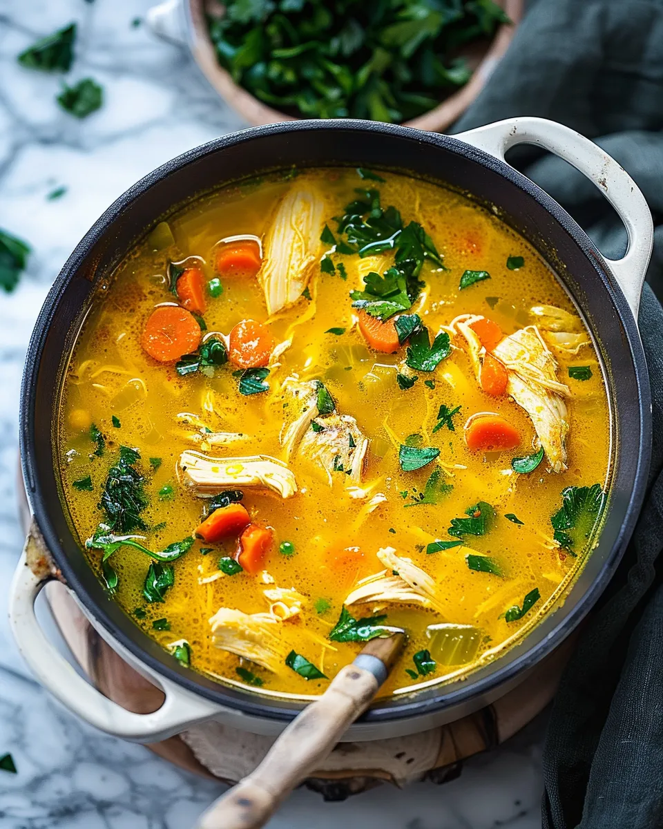 A bowl of ginger chicken soup with turmeric.