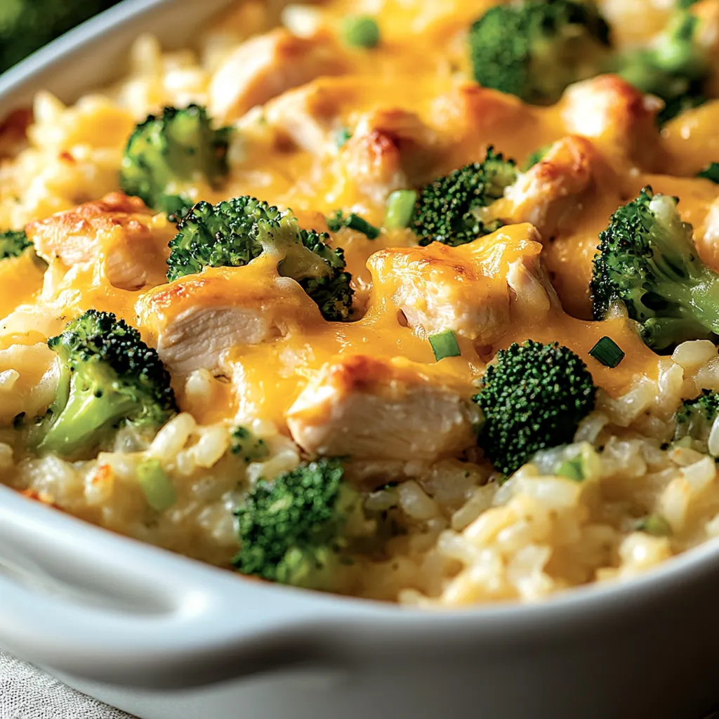 A cheesy broccoli chicken and rice casserole.