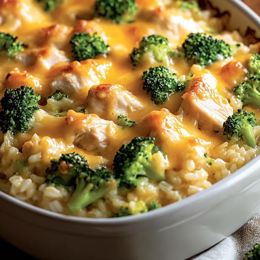 A bowl of cheesy broccoli chicken and rice casserole.
