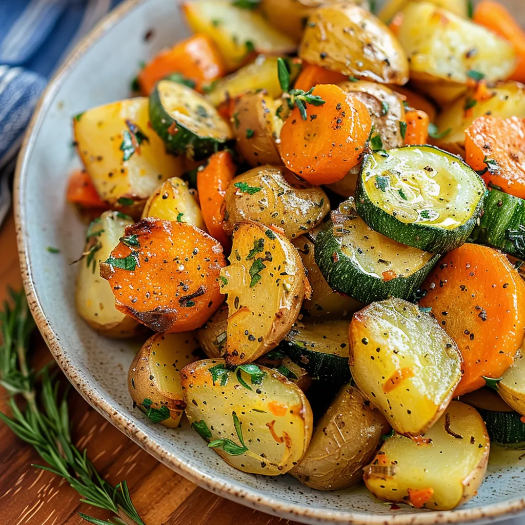 A plate of roasted potatoes, carrots, and zucchini with garlic and herbs.