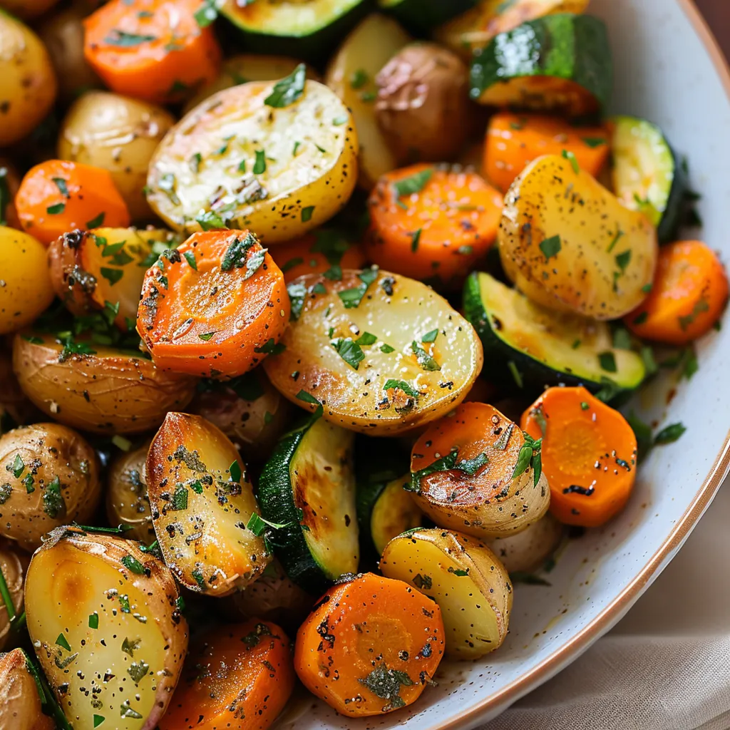 A plate of roasted potatoes, carrots and zucchini.