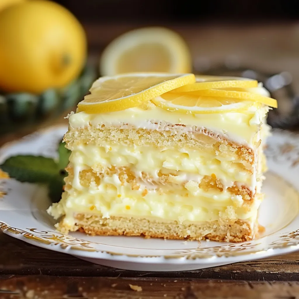 A slice of a no-bake lemon eclair cake.