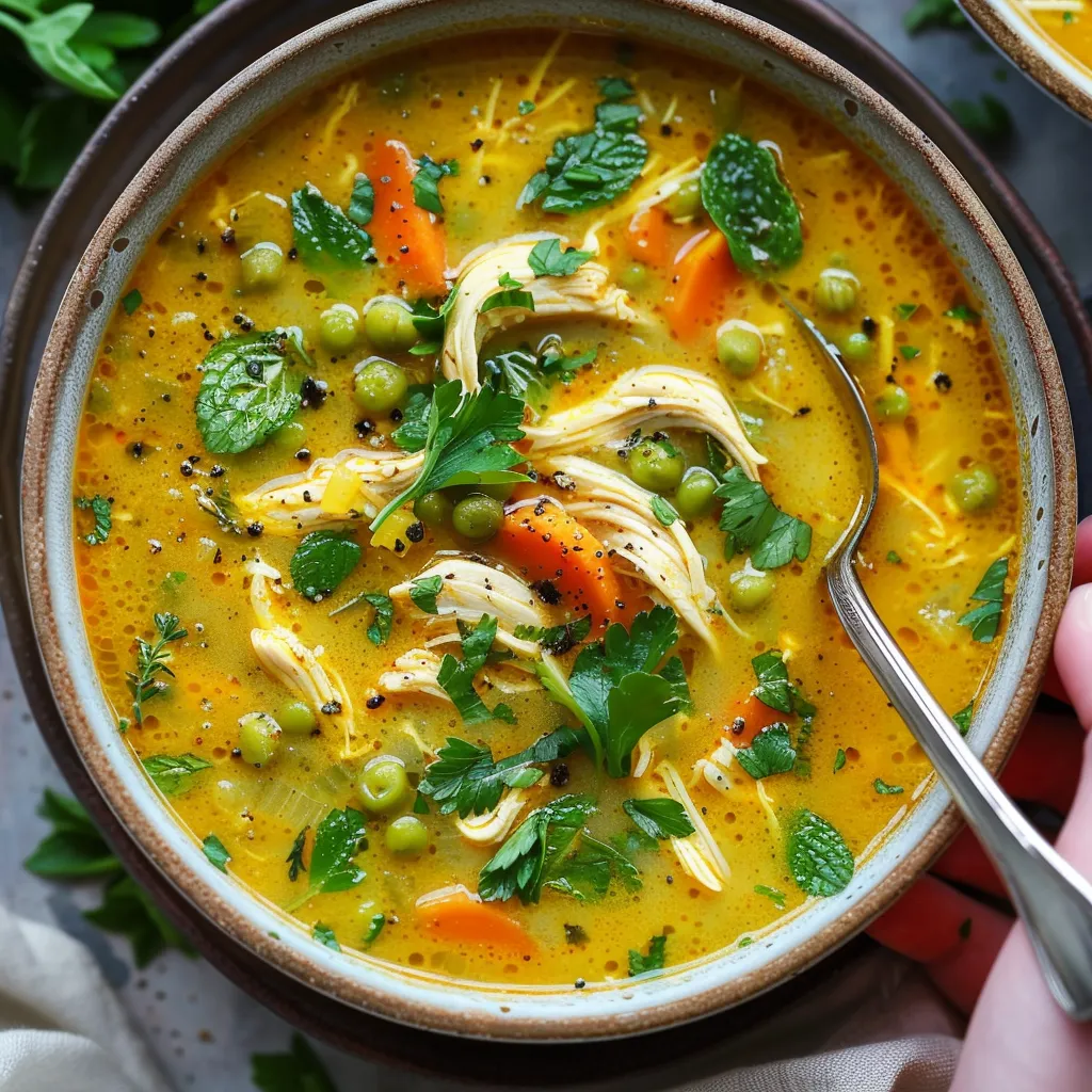 A bowl of soup with chicken and peas.