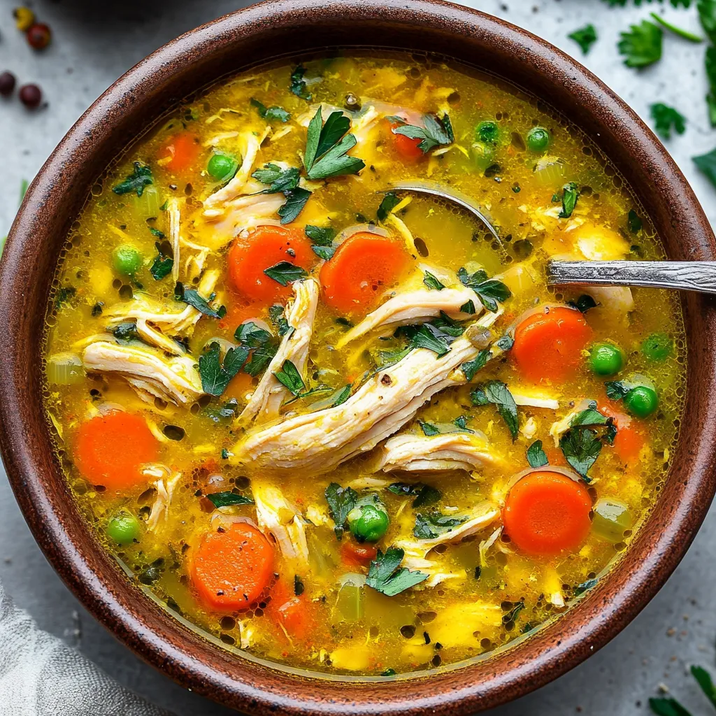 A bowl of soup with chicken, carrots, and peas.