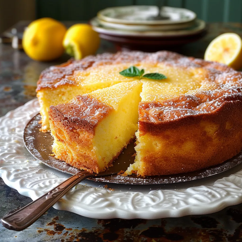 A slice of lemon cake with a green leaf on top.