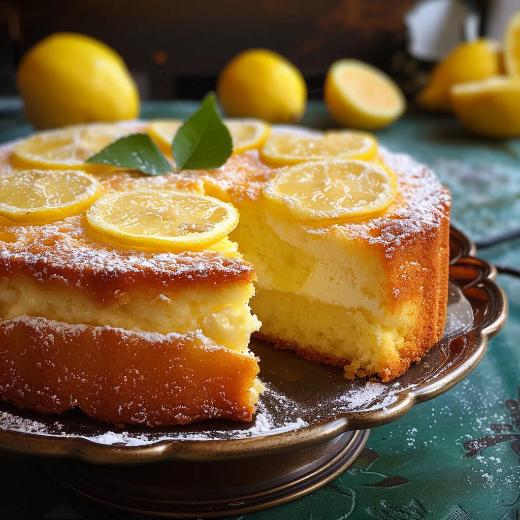 A slice of lemon cake with lemon wedges on top.