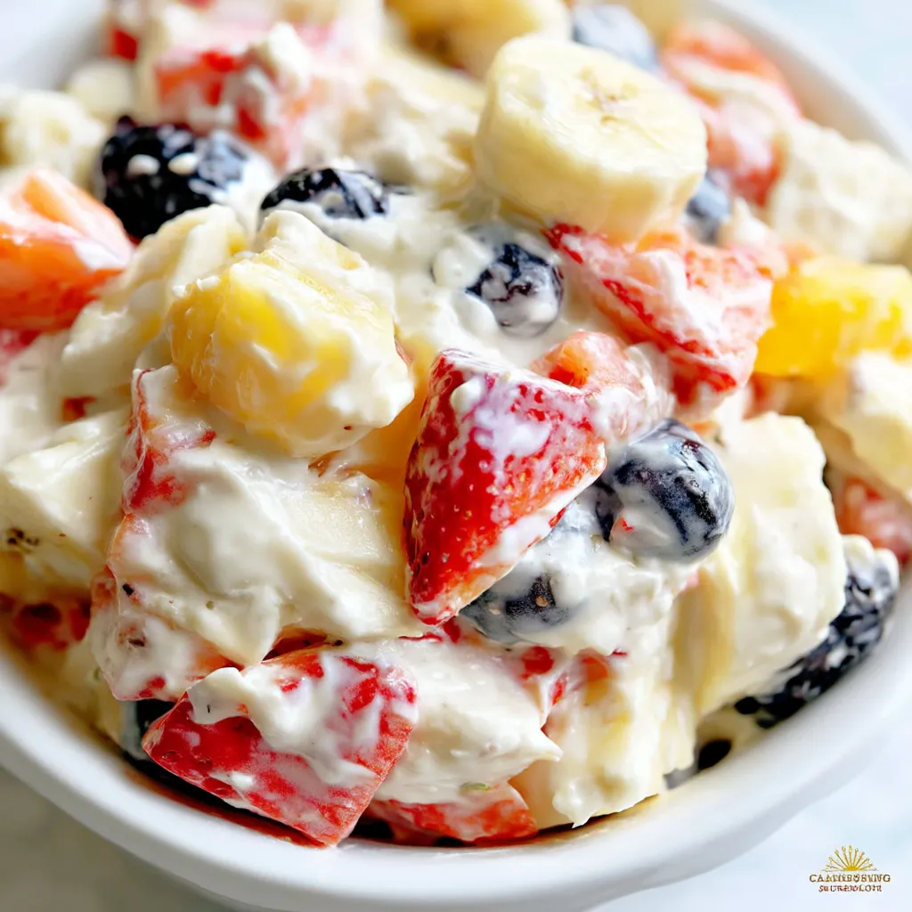 A bowl of fruit salad with strawberries, bananas, and blueberries.