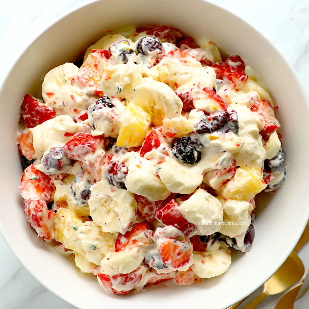 A bowl of fruit salad with strawberries and bananas.