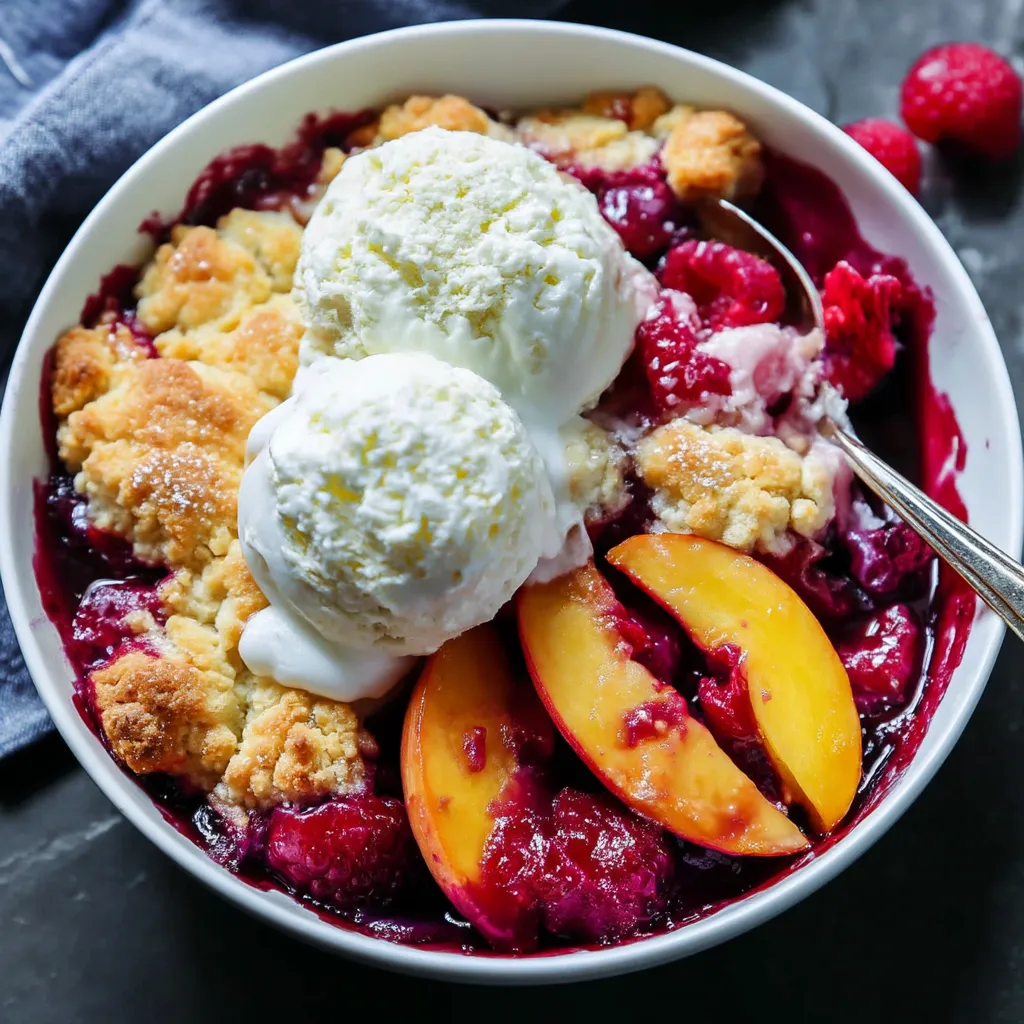 A bowl of peach and raspberry cobbler.