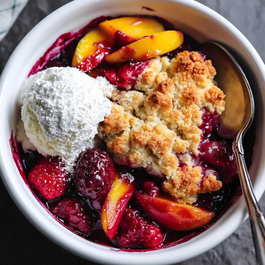 A bowl of peach and raspberry cobbler.
