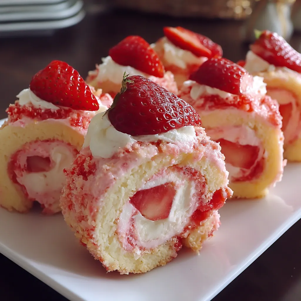A plate of strawberry shortcake cheesecake rolls.