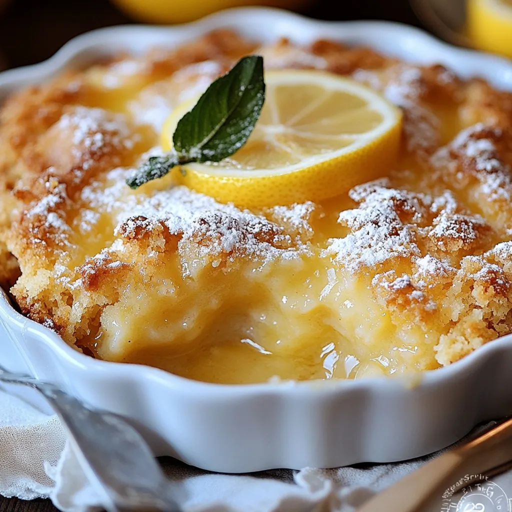 A slice of lemon cobbler with a lemon wedge on top.