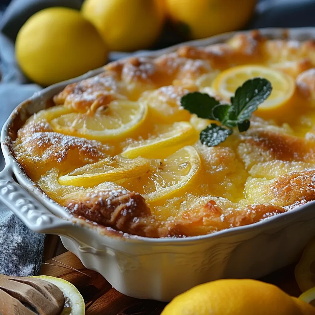 A white bowl filled with a dessert that has lemon and cobbler in it.