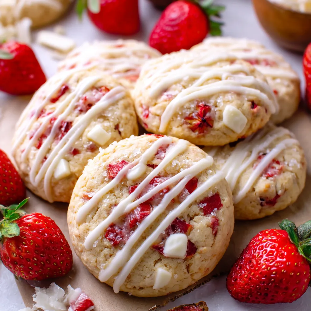 Strawberry shortcake cookies with white icing and strawberries.