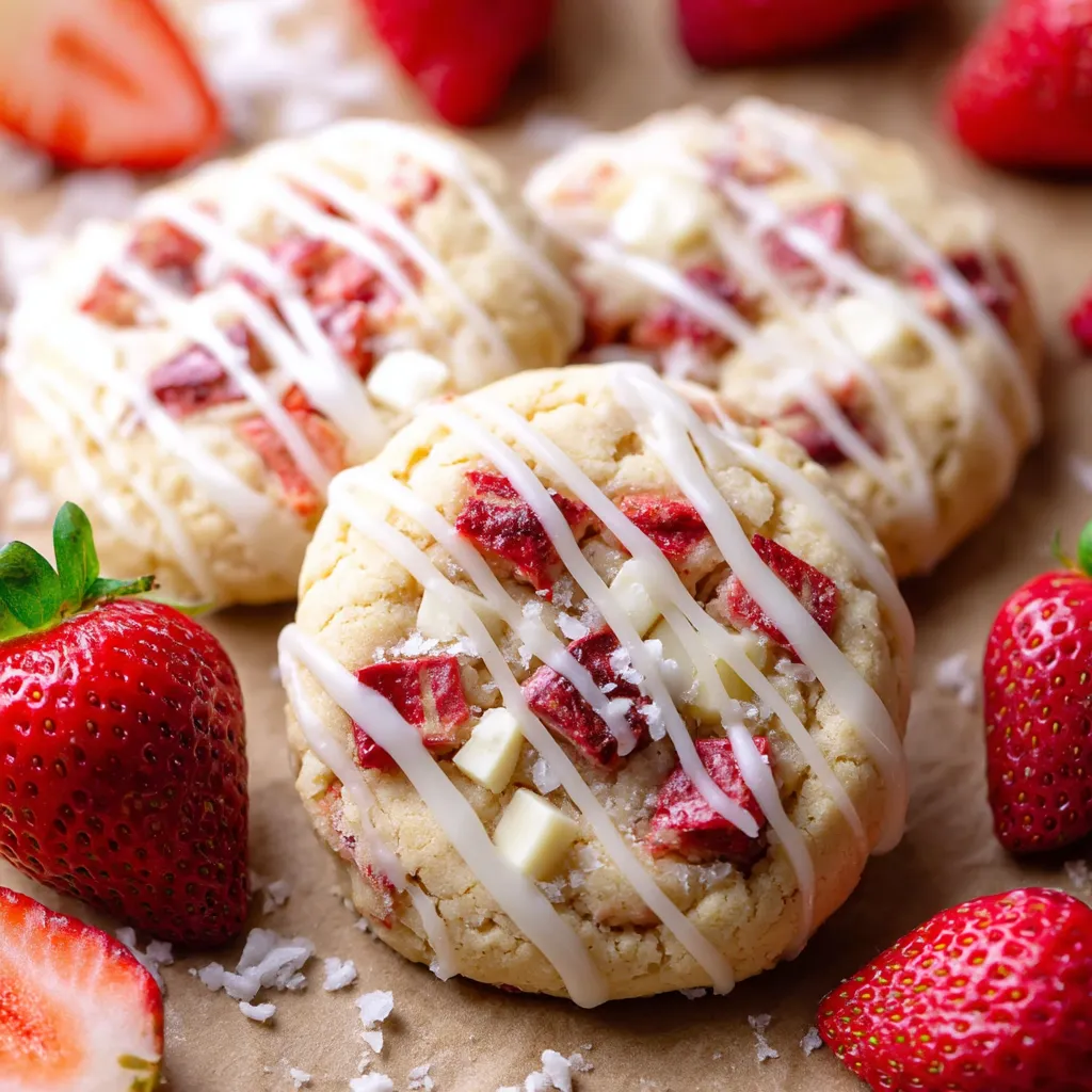 Strawberry shortcake cookies with white icing and strawberries.