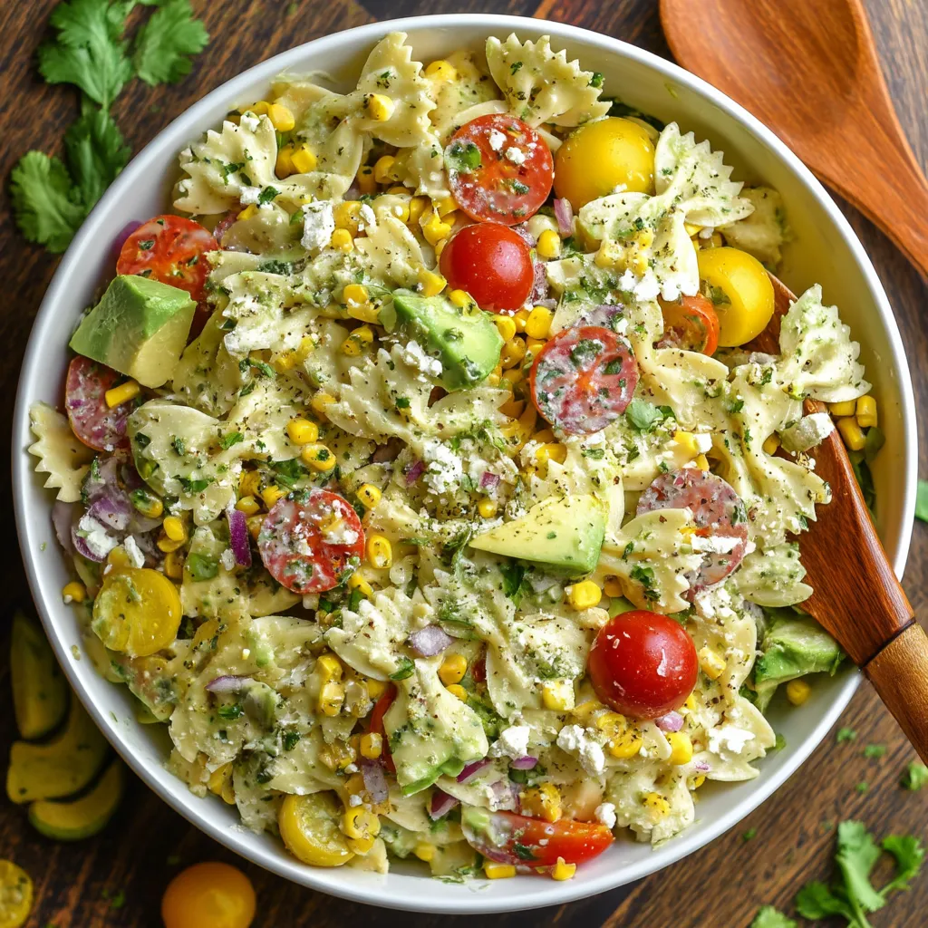 A bowl of pasta salad with tomatoes, corn, and cilantro.