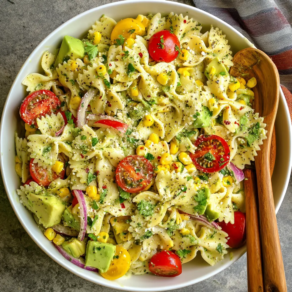 A bowl of pasta salad with tomatoes, corn, and cilantro.