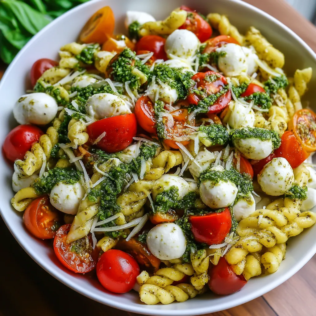 A bowl of pasta salad with tomatoes, cheese, and basil.