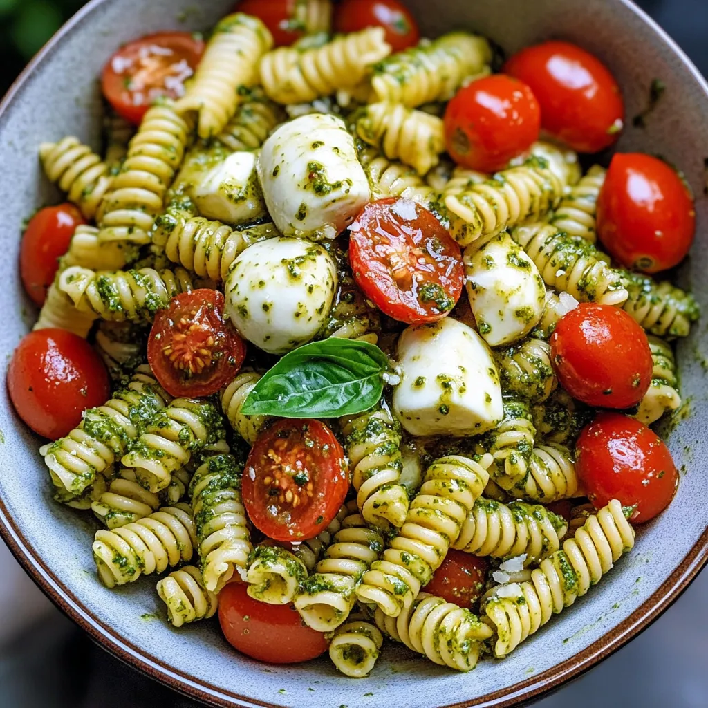 A bowl of pasta salad with tomatoes, spinach, and cheese.