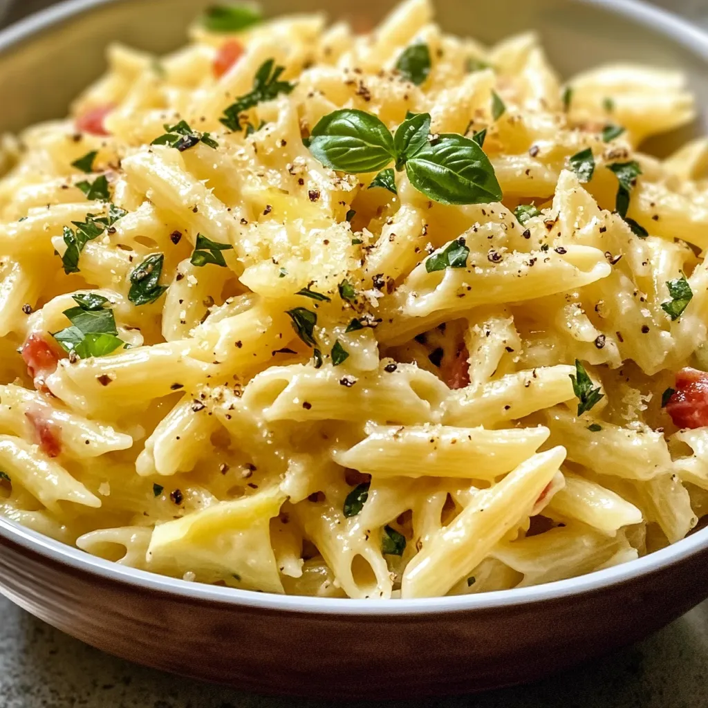 A bowl of pasta salad with tomatoes and herbs.