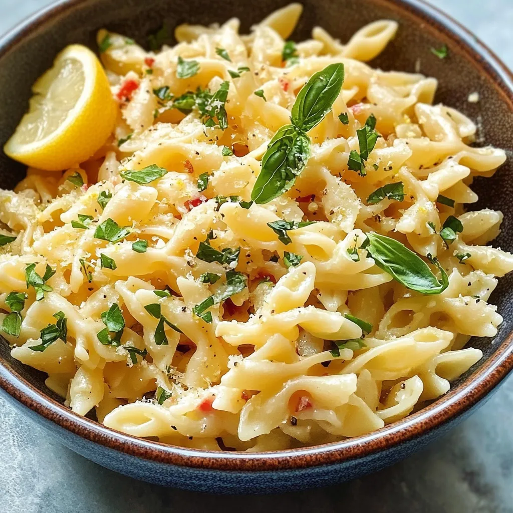 A bowl of pasta salad with lemon and herbs.