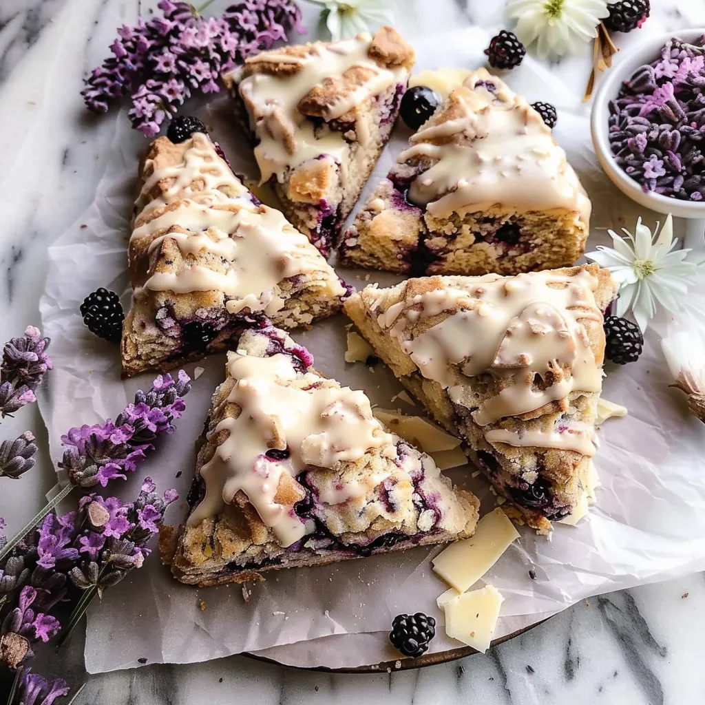 A plate of scones with white chocolate and blackberries.