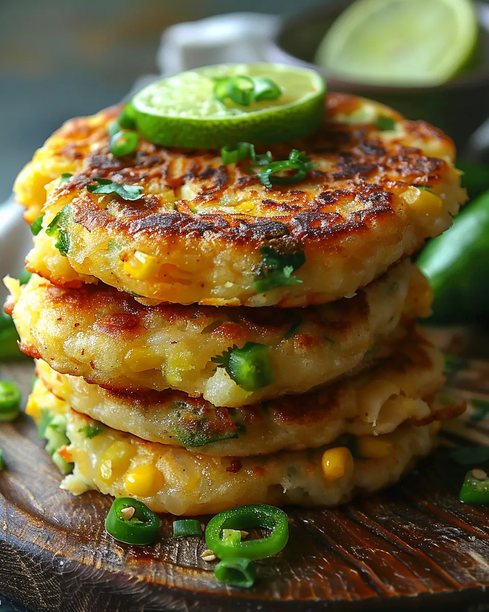 A stack of Mexican corn cakes with jalapeno and lime.