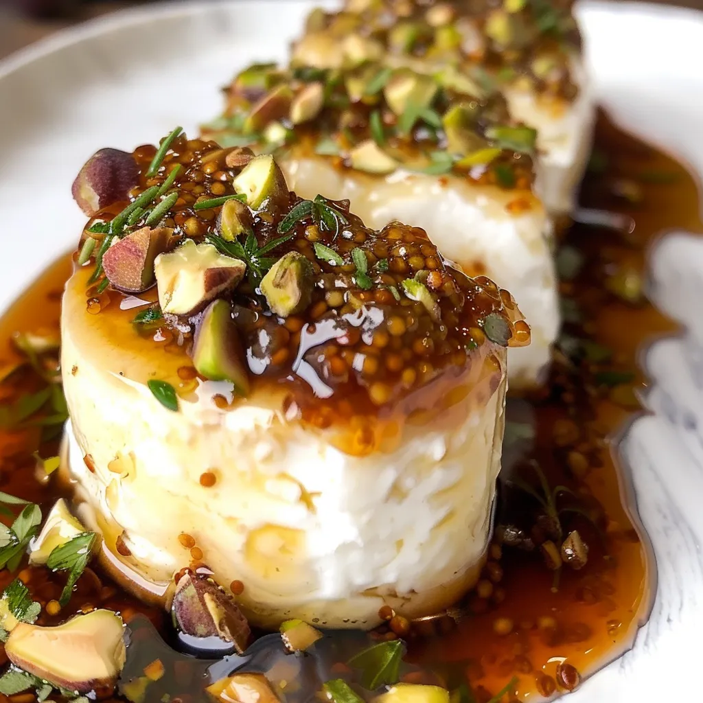 A plate of goat cheese appetizer with honey, fig and pistachios.
