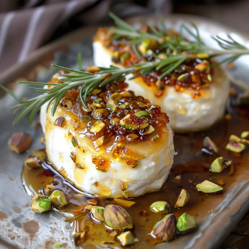 Goat cheese appetizer with honey, fig and pistachios.