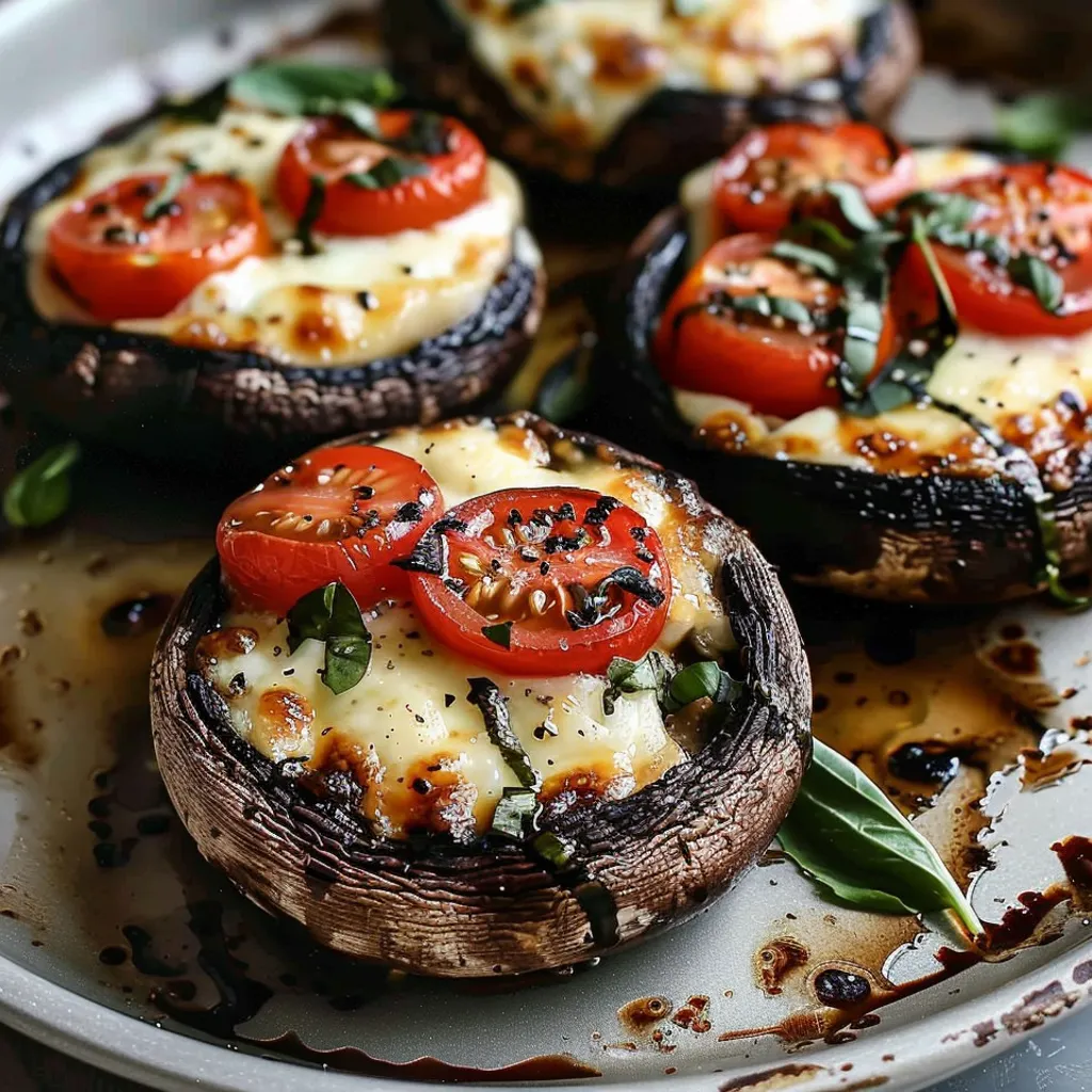 Caprese stuffed portobello mushrooms on a plate.
