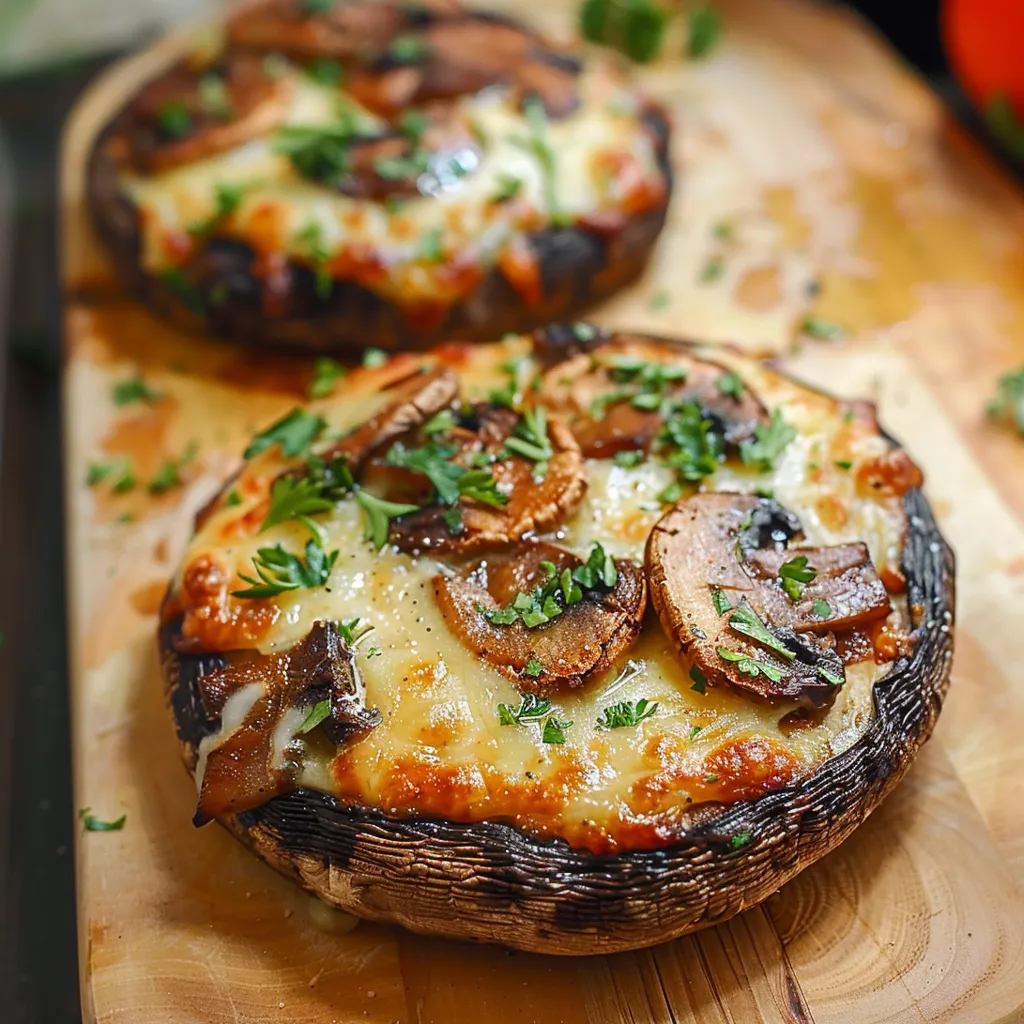 Two portobello mushroom pizzas on a wooden cutting board.