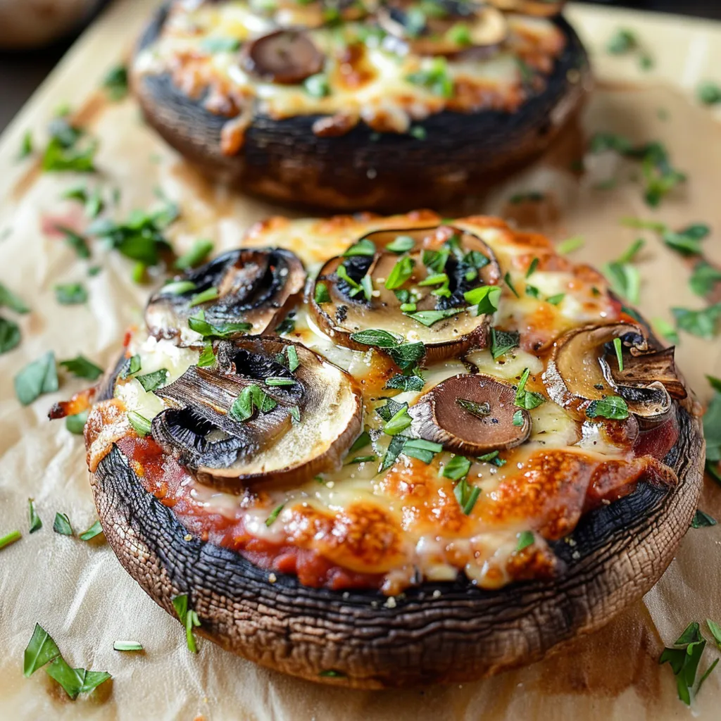 Two portobello mushroom pizzas on a wooden board.