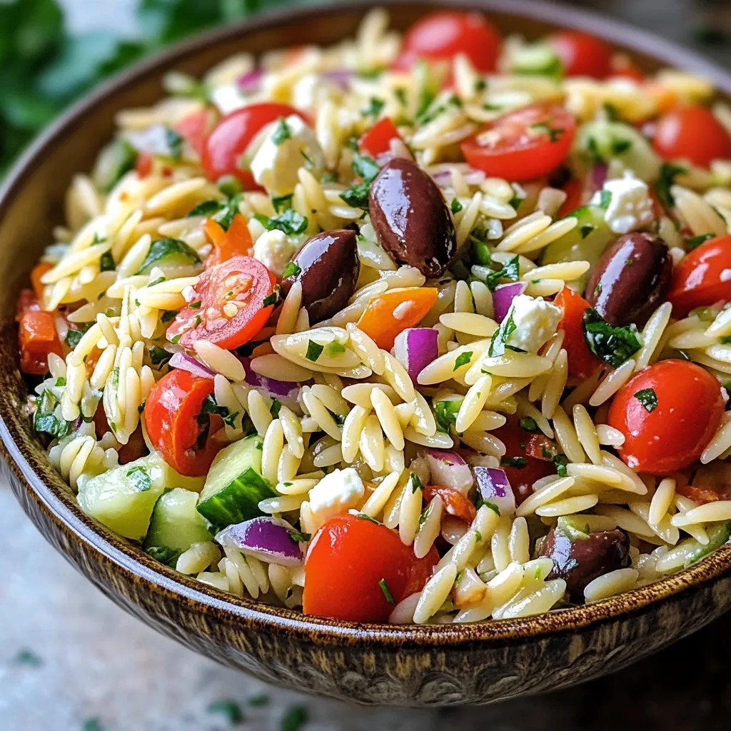A bowl of Mediterranean Orzo Pasta Salad.