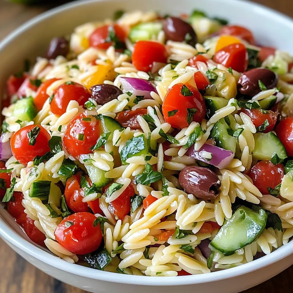 A bowl of Mediterranean Orzo Pasta Salad.