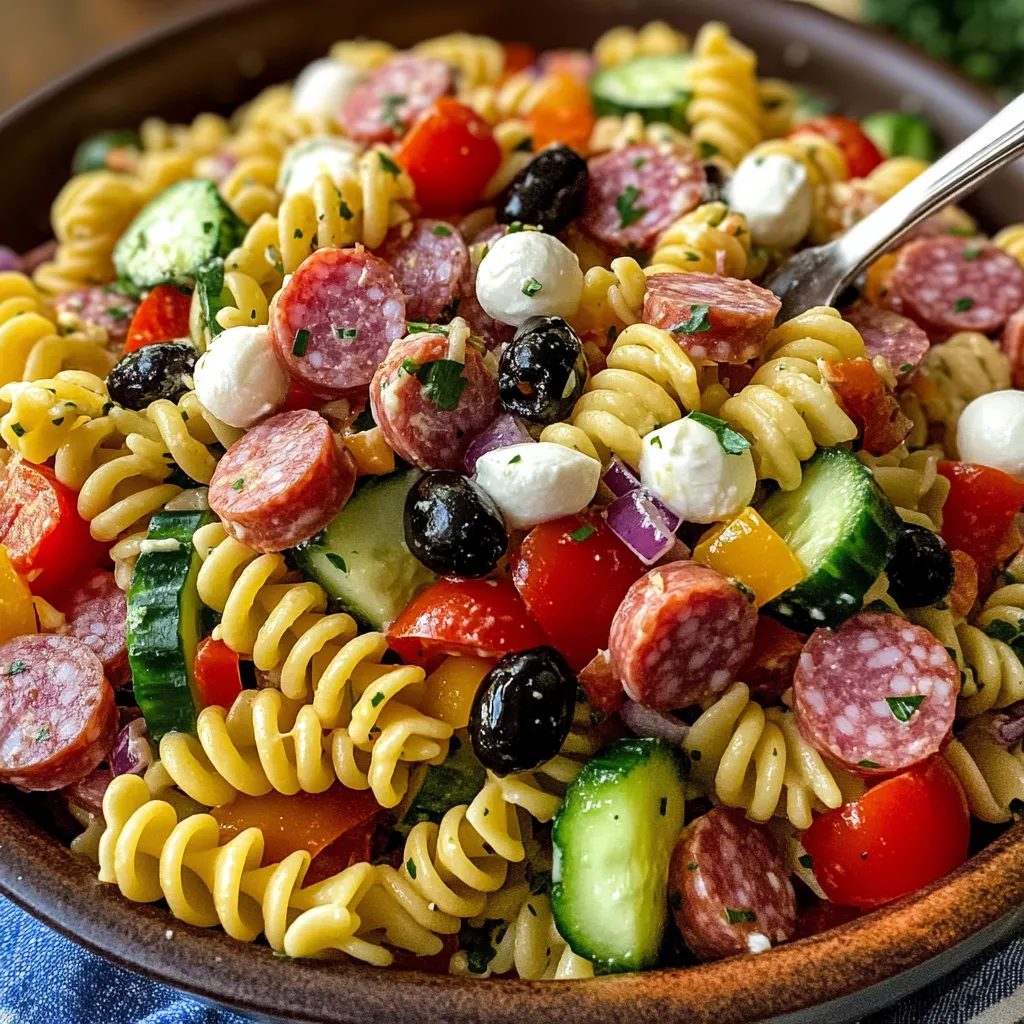 A bowl of Italian pasta salad.