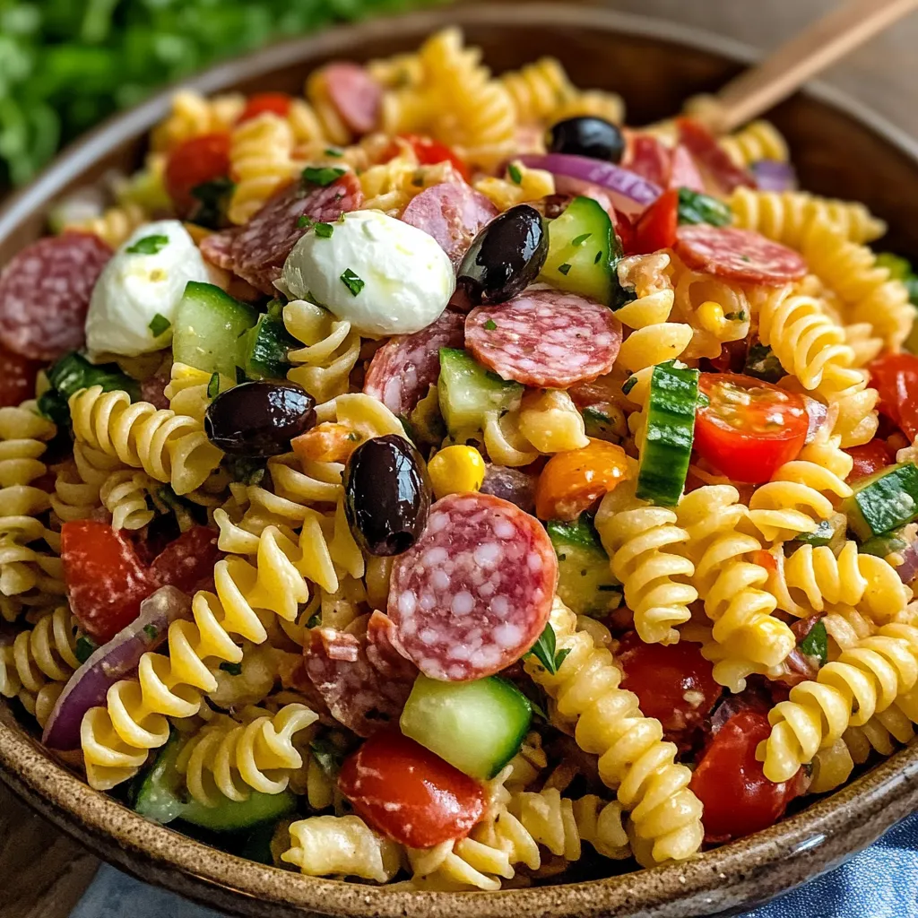 A bowl of Italian pasta salad.
