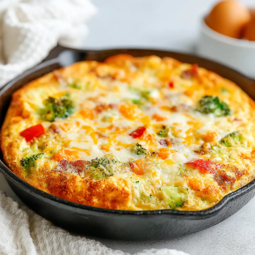 A frittata in a black pan with broccoli and cheese.