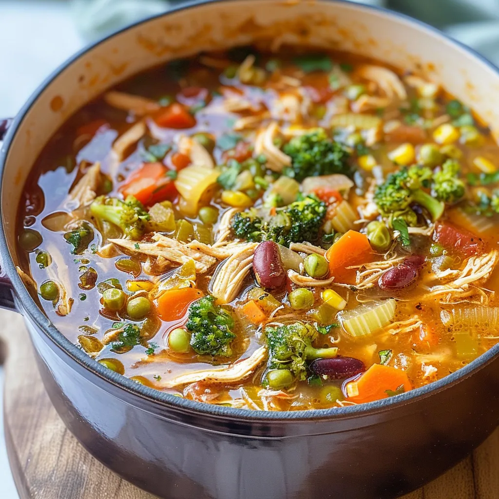 A bowl of chicken soup with broccoli and carrots.