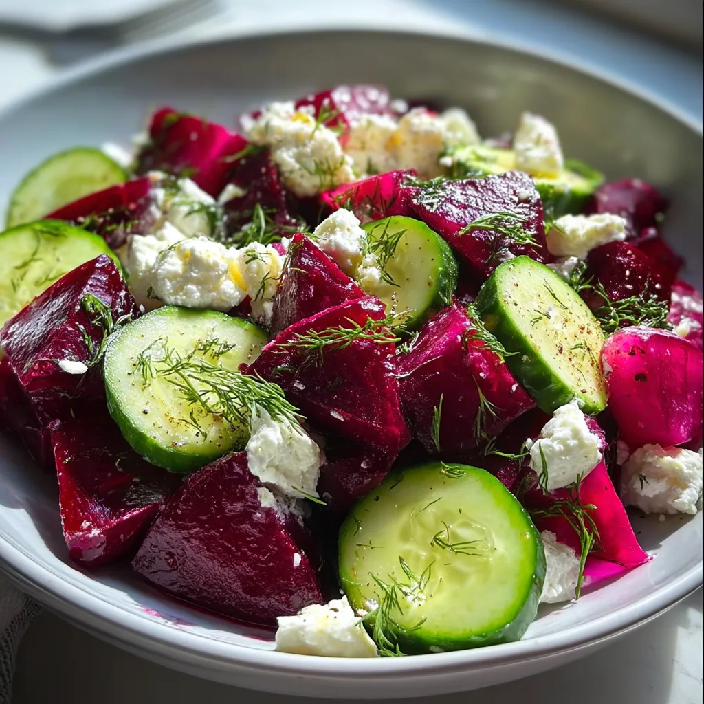 A bowl of beet salad with feta, cucumbers, and dill.