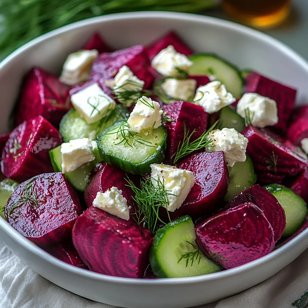 A bowl of beet salad with feta, cucumbers, and dill.