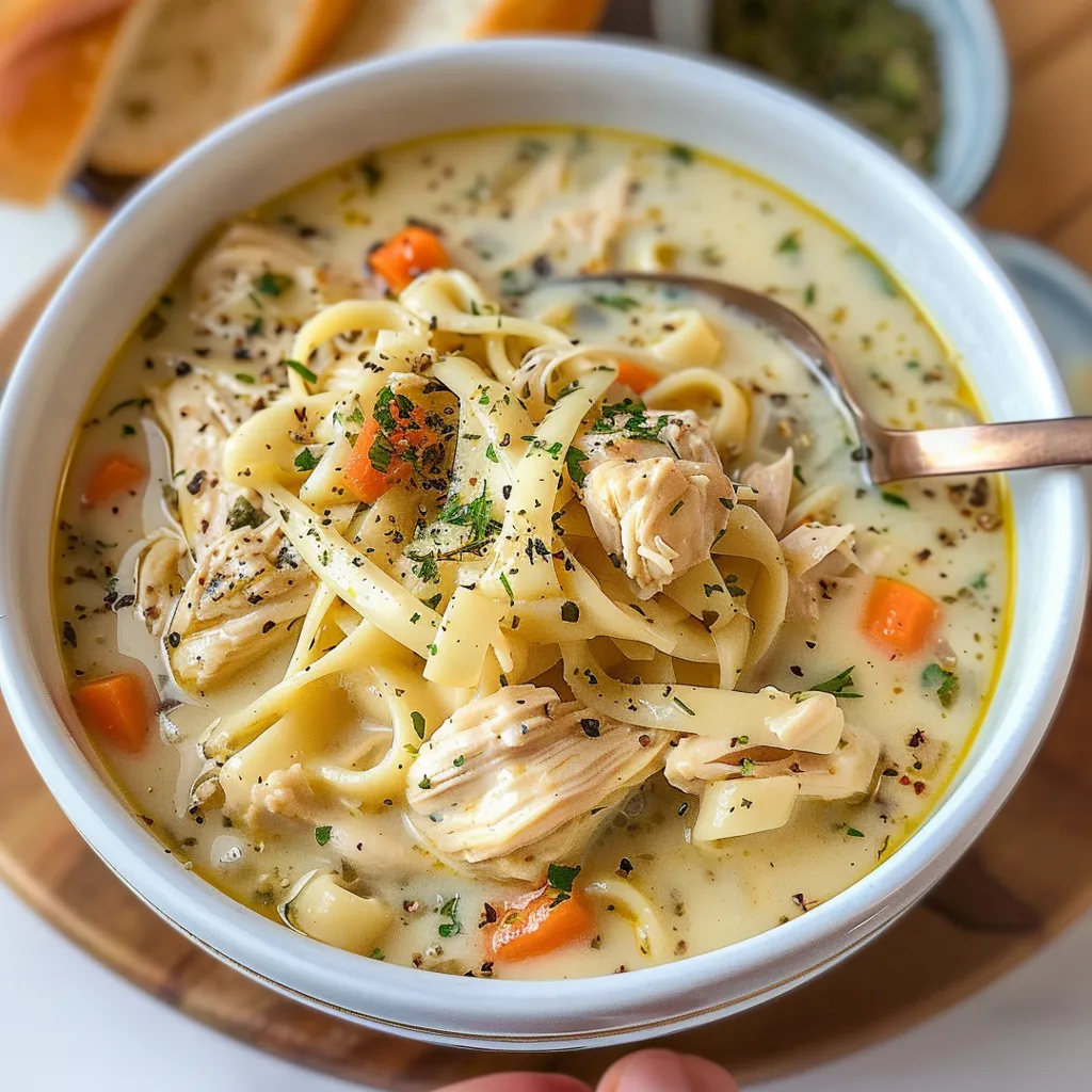 A bowl of chicken alfredo soup.