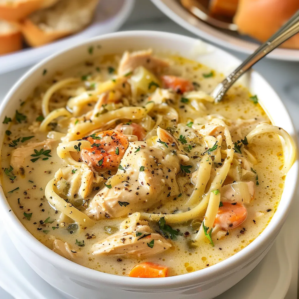 A bowl of chicken Alfredo soup.