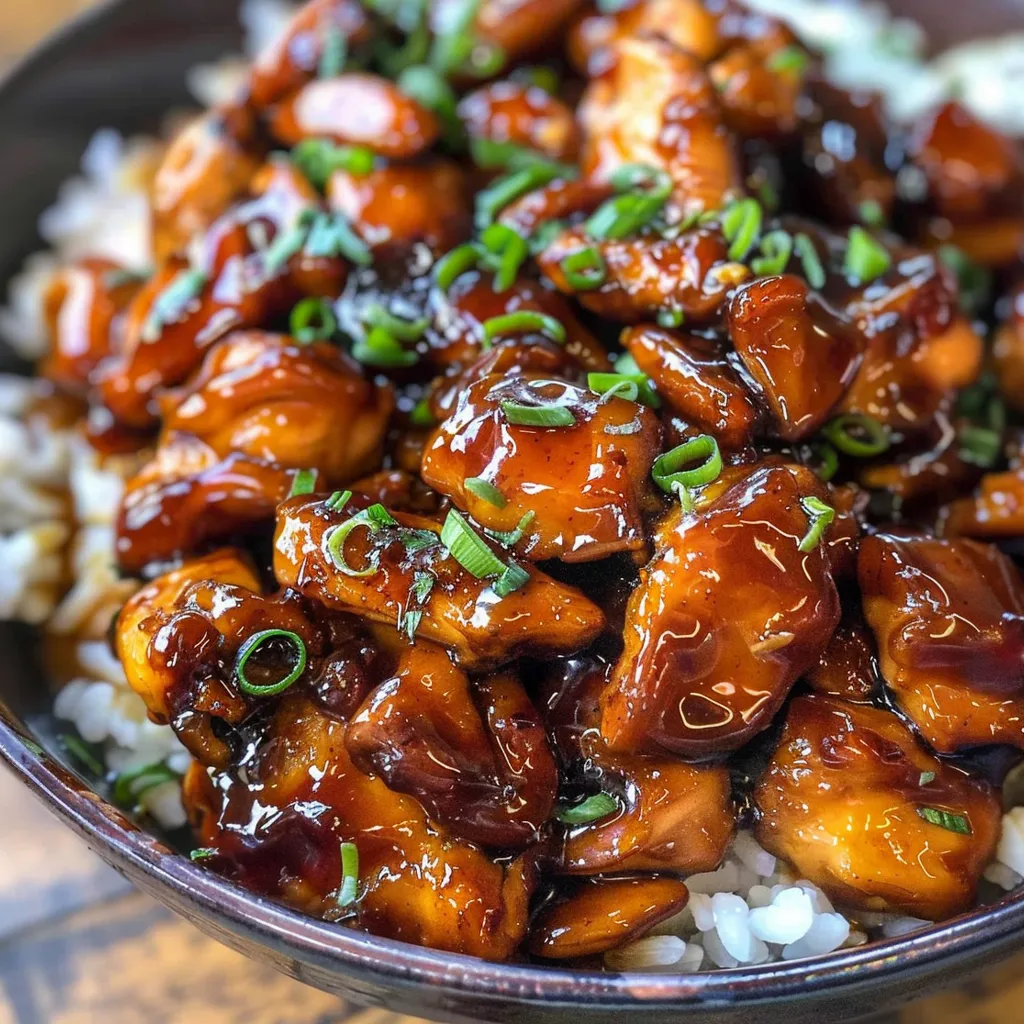 A bowl of bourbon chicken with rice.