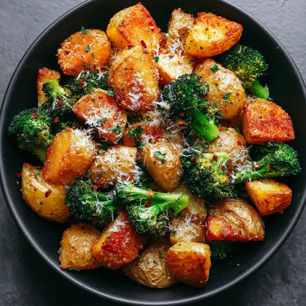 A bowl of roasted potatoes and broccoli.