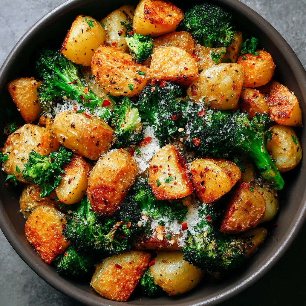 A bowl of roasted potatoes and broccoli.