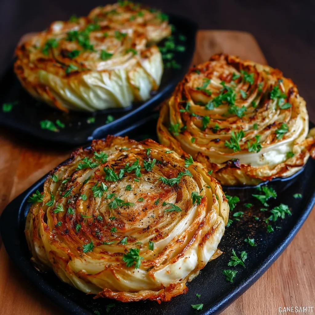 Two plates of oven roasted garlic cabbage steaks.