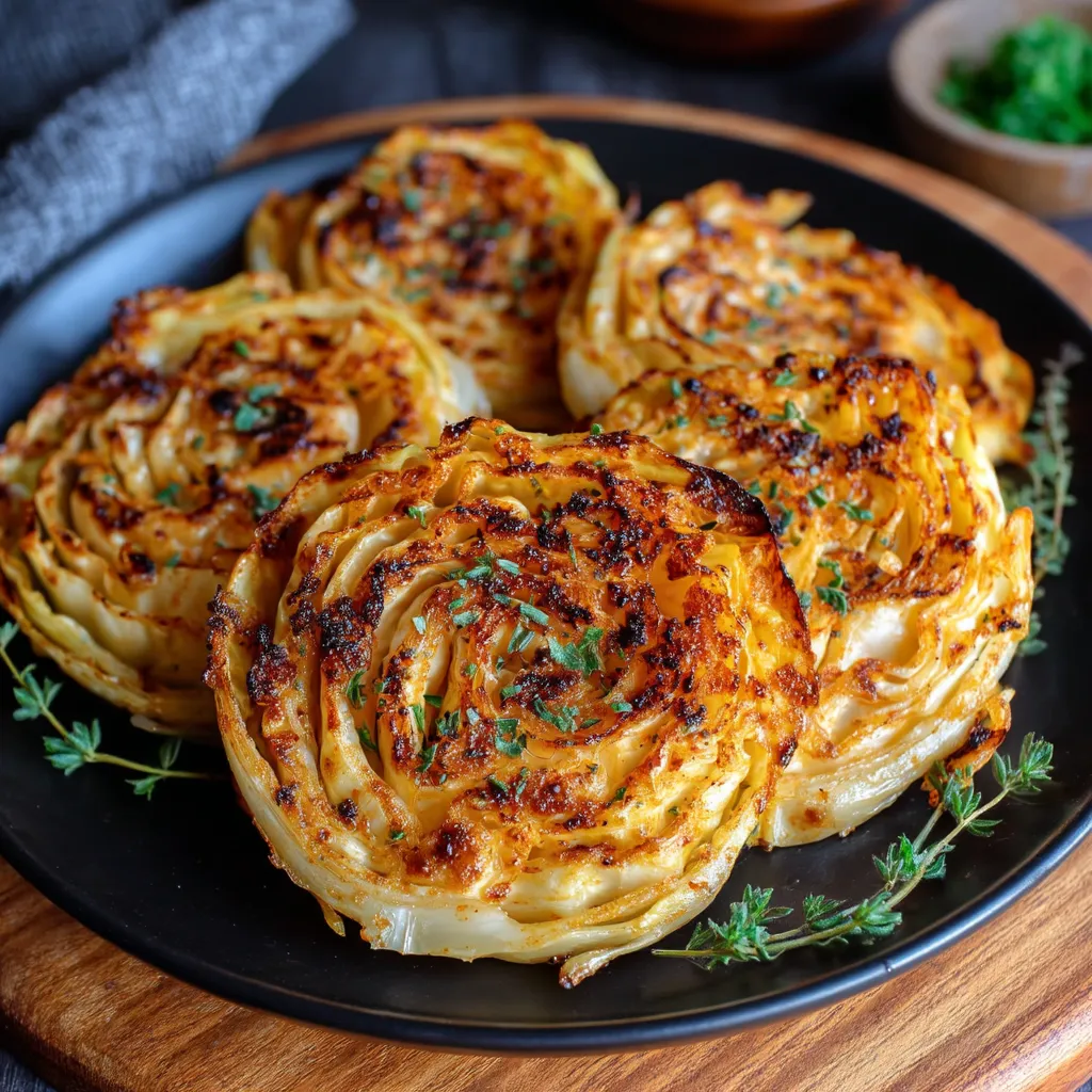 A plate of oven roasted garlic cabbage steaks.