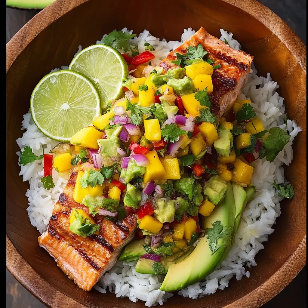 Grilled Salmon with Mango Salsa & Coconut Rice