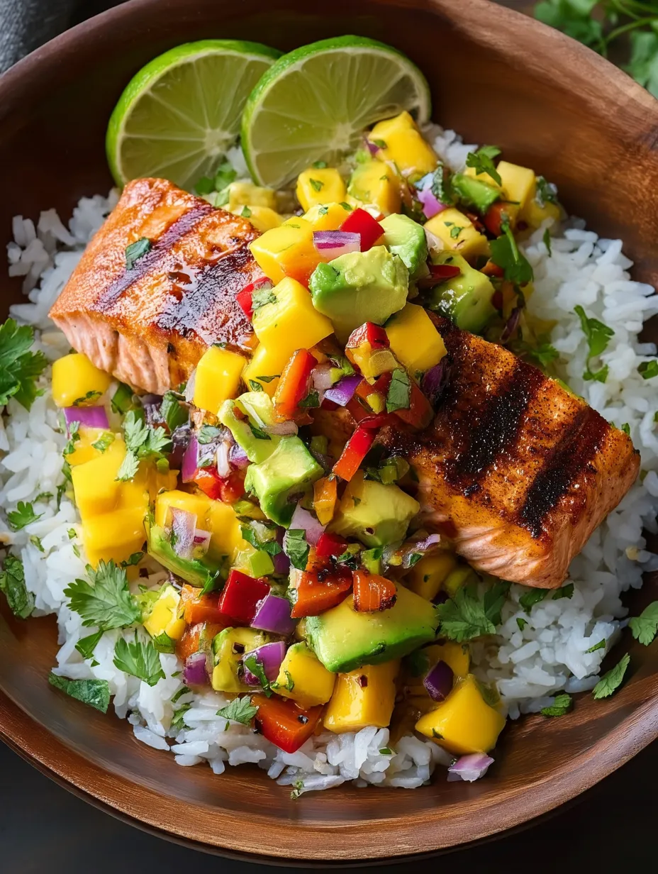 Grilled Salmon with Mango Salsa & Coconut Rice